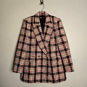 Zara Tweed Double Breasted Long Structured Blazer Plaid Red M Statement Chic